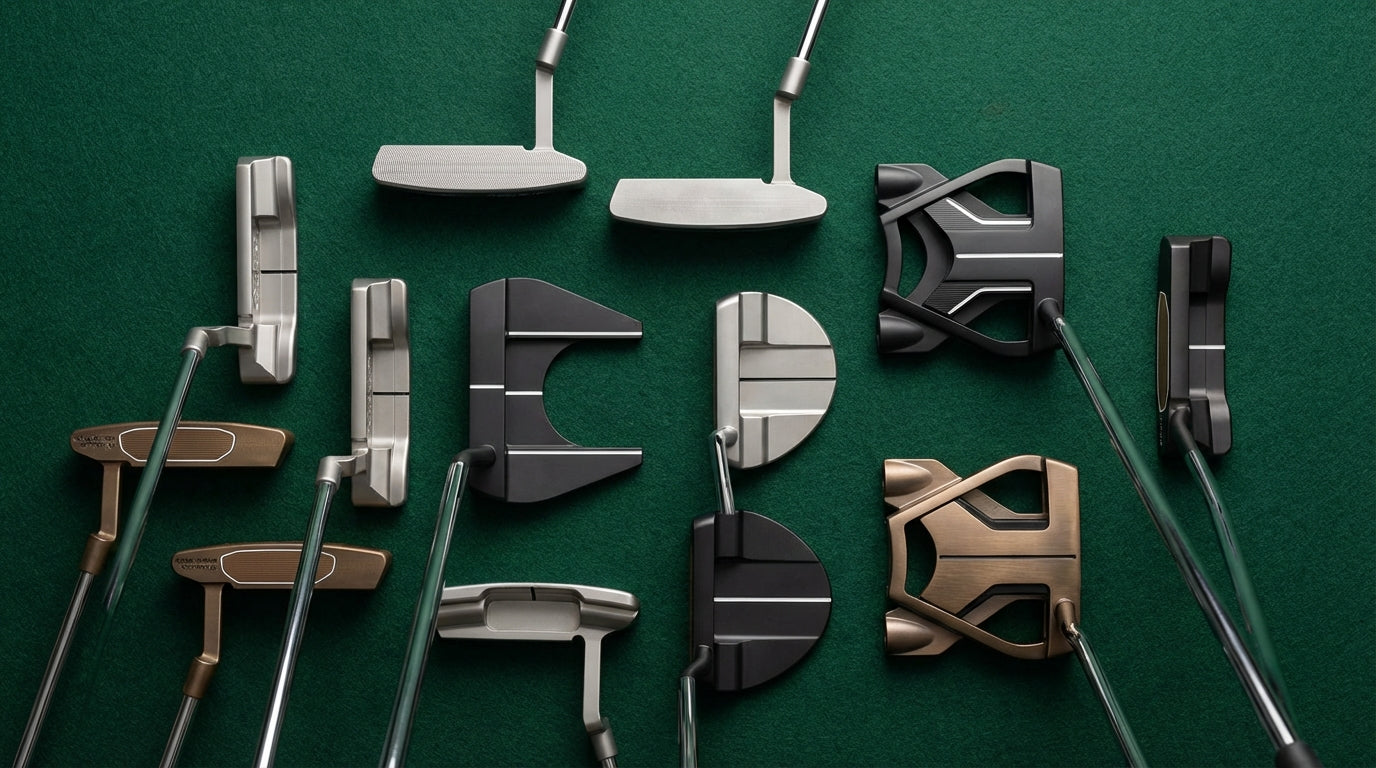 Multiple premium putter head styles displayed on green felt