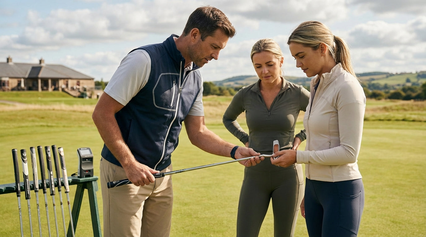 Golf fitter and golfer discussing custom putter specifications on practice green