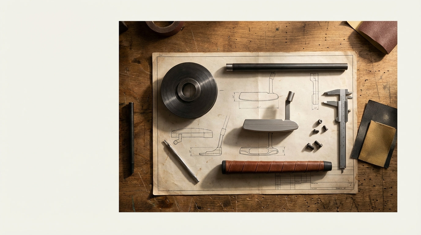 Custom putter components laid flat on blueprint with workshop aesthetic showing head, shaft, and grip