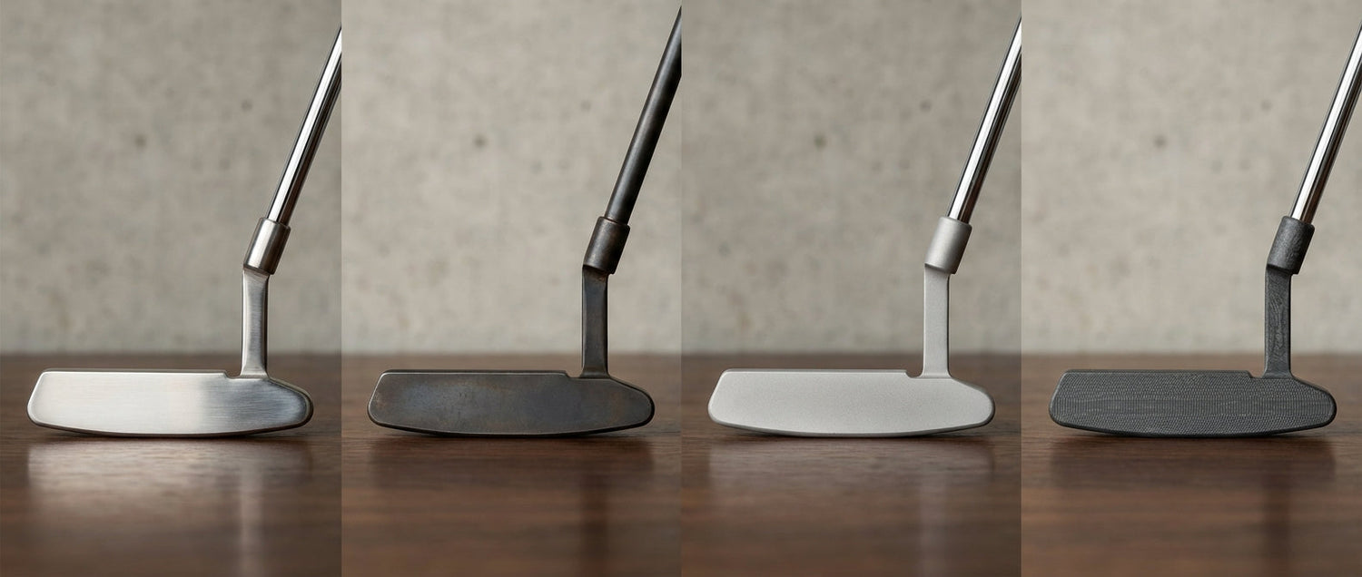 Comparison of four putter head materials side by side with studio lighting showing texture differences