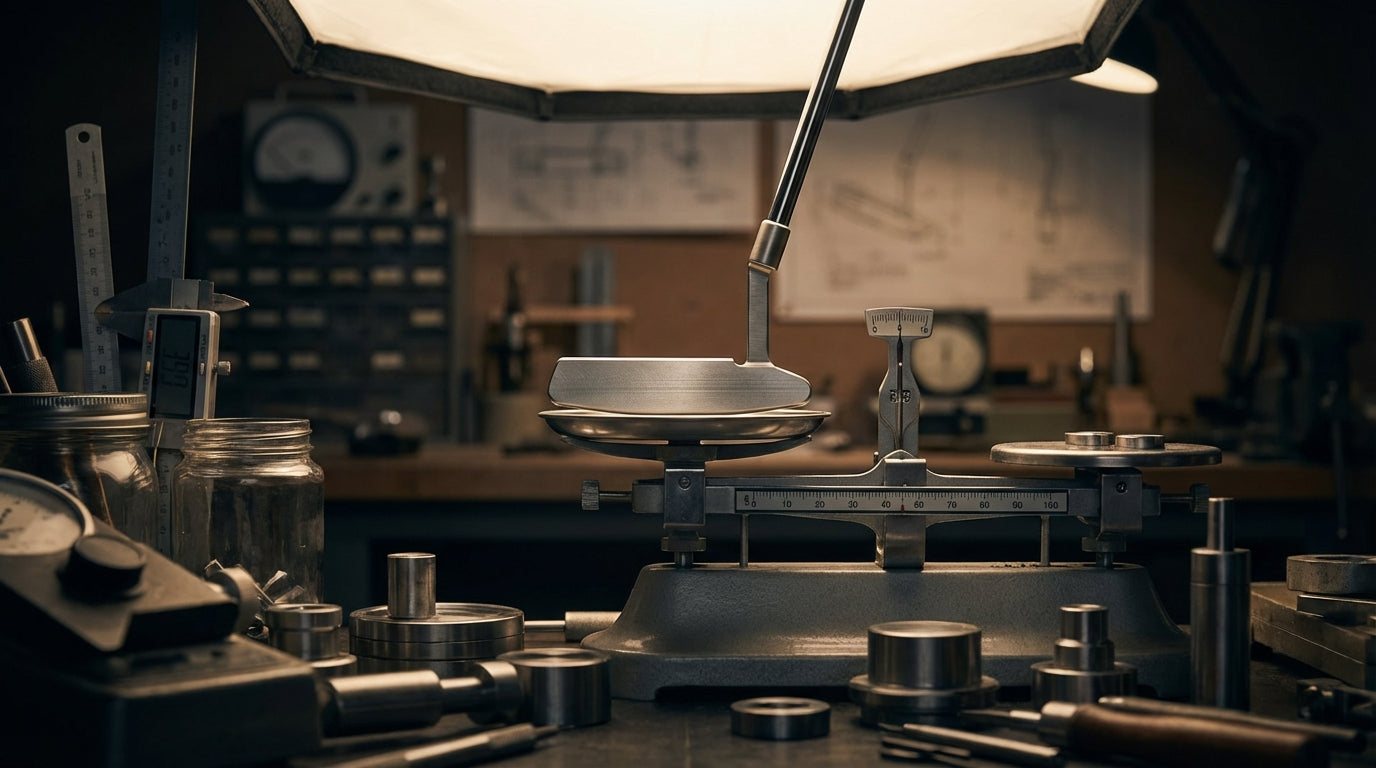 Putter head balanced on precision scale showing weight measurement in technical workshop setting