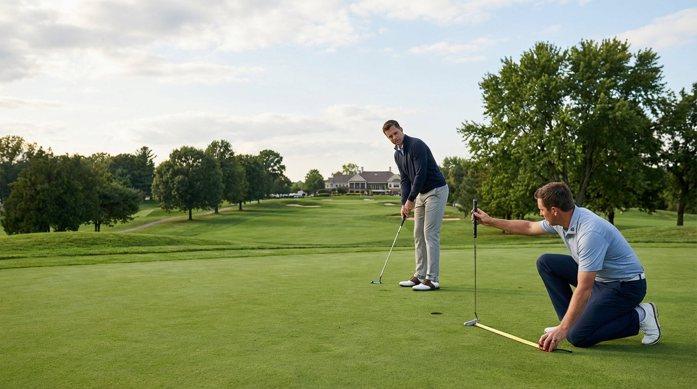 Golf professional measuring custom putter length with client on practice green