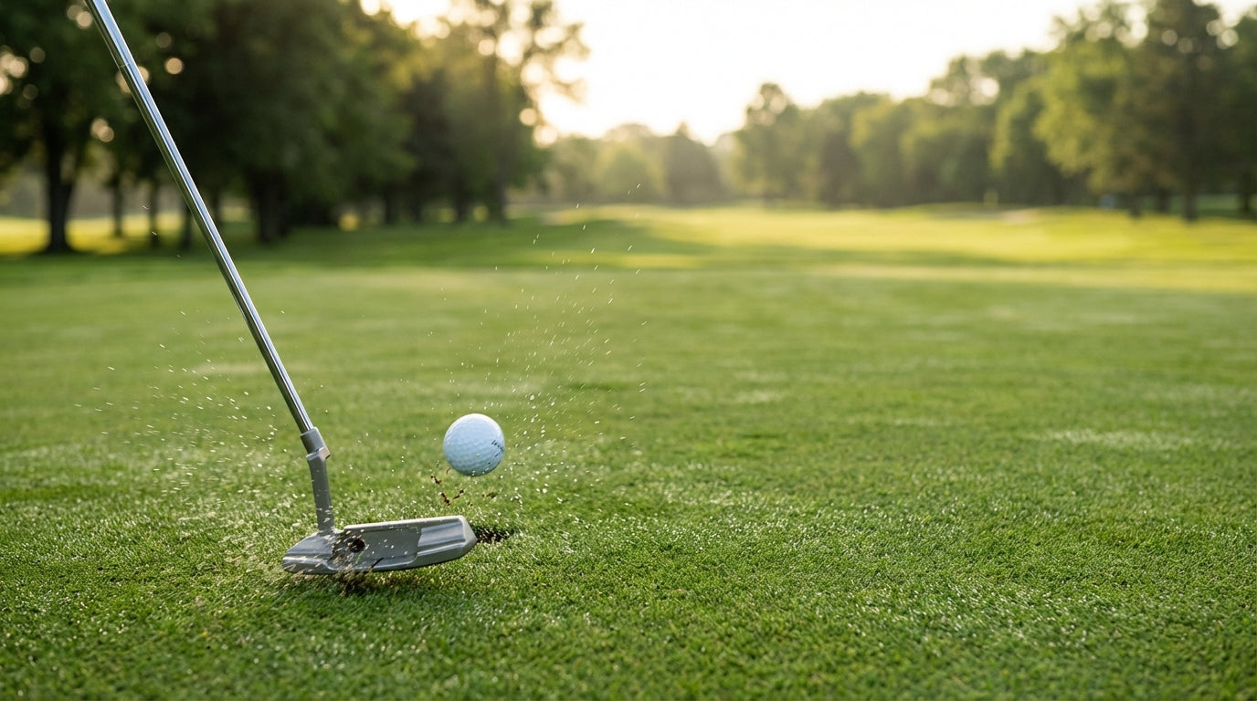 High-speed slow-motion shot of putter striking golf ball with perfect launch angle and forward roll