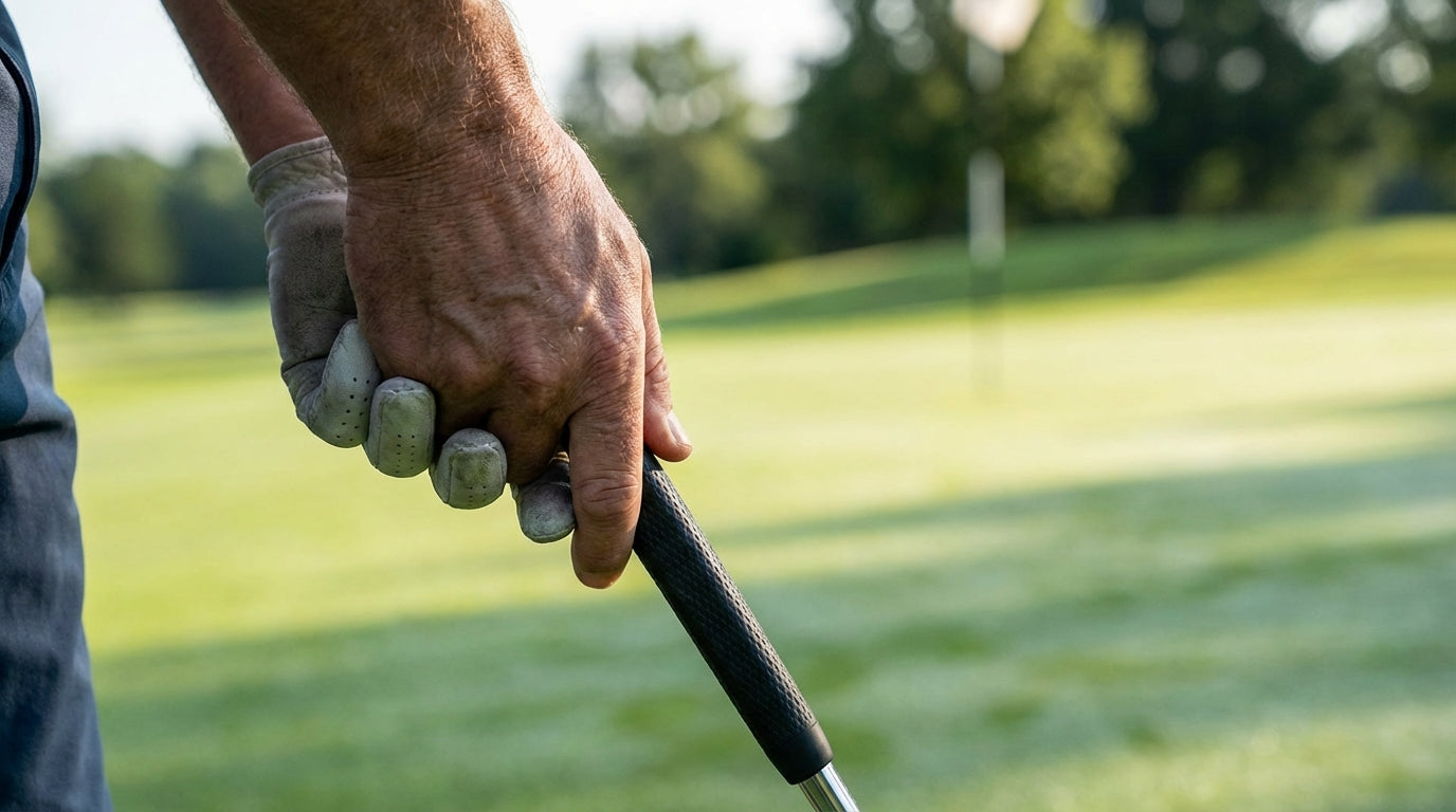 Golfer's hands gripping a premium putter with textured rubber grip on a putting green