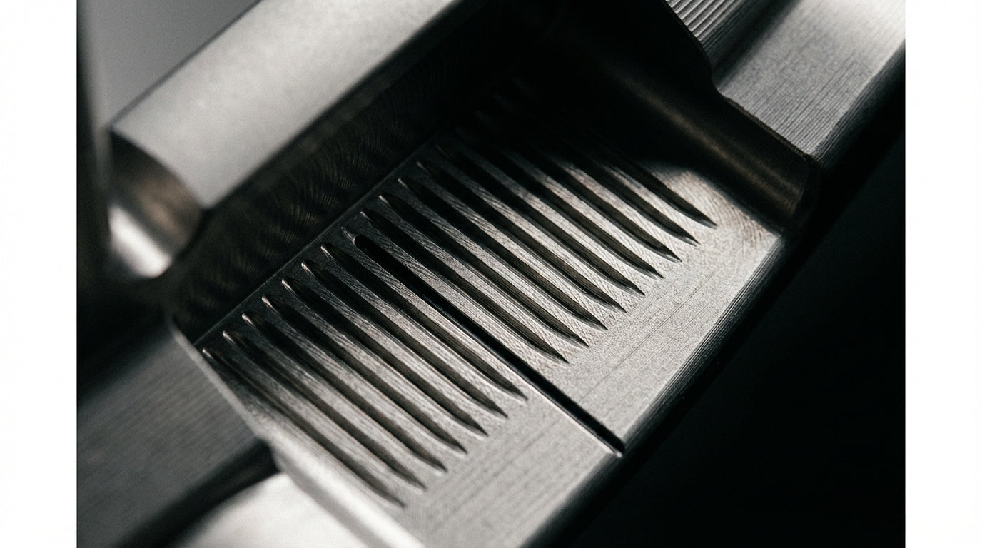 Extreme macro photography of precision-milled grooves on premium putter face with studio lighting