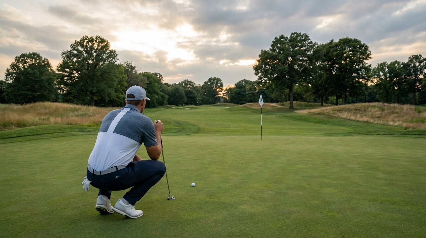 Professional golfer analyzing a long lag putt from behind the ball on a championship green with the hole in the background