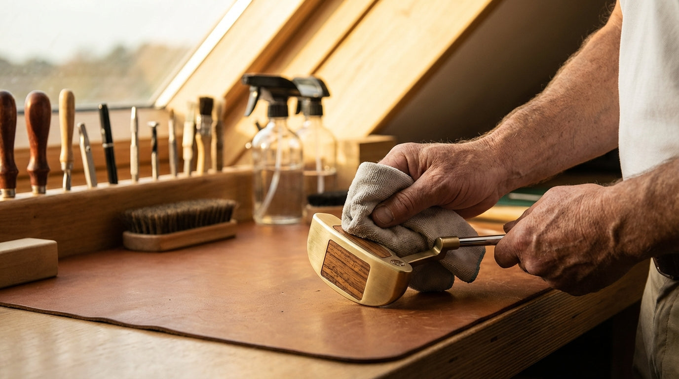 Golfer carefully cleaning a custom putter head with a soft cloth in a well-lit workshop with maintenance tools nearby