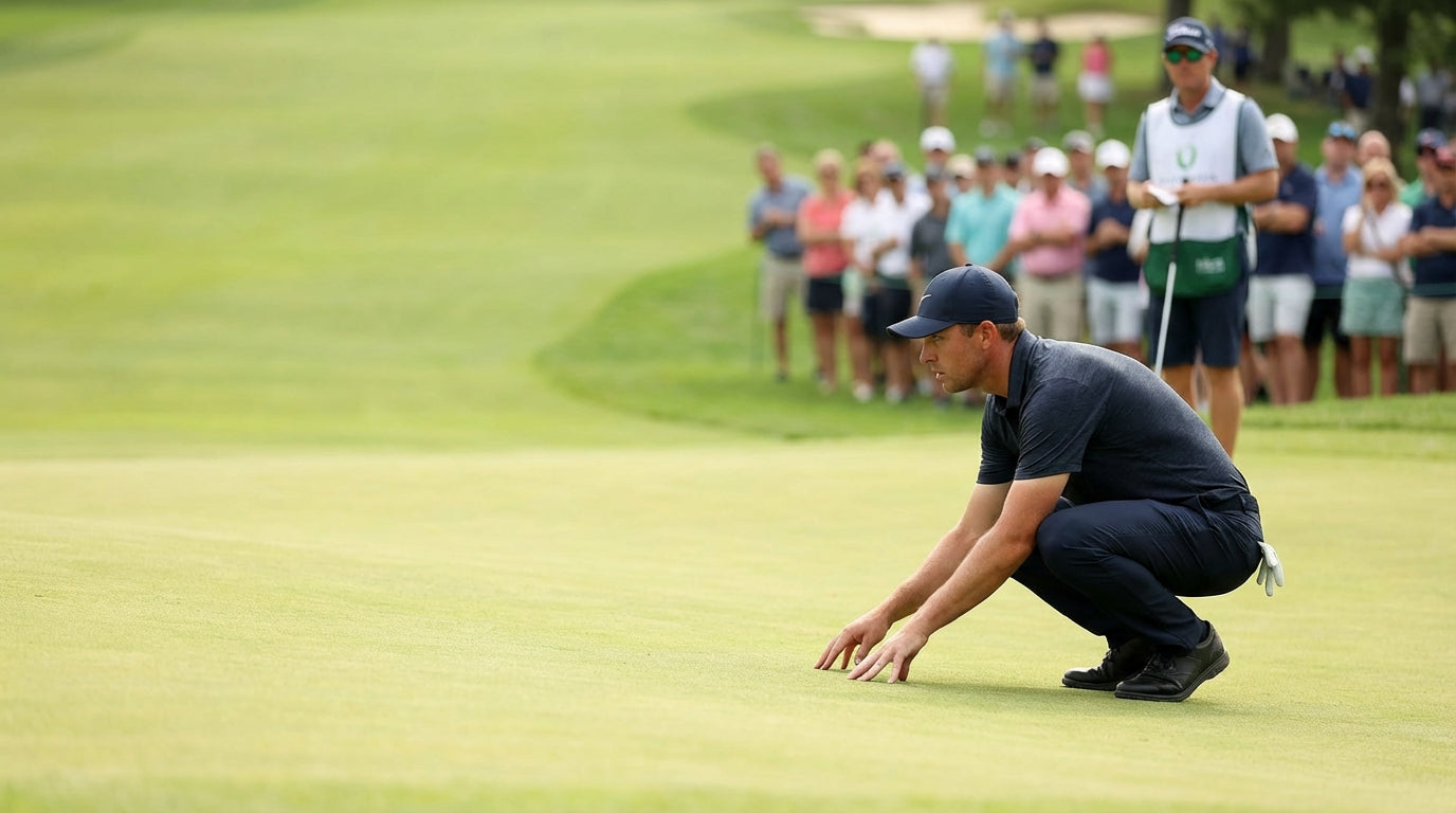 Golfer demonstrating AimPoint Express slope reading technique on the green with focused intensity and professional form