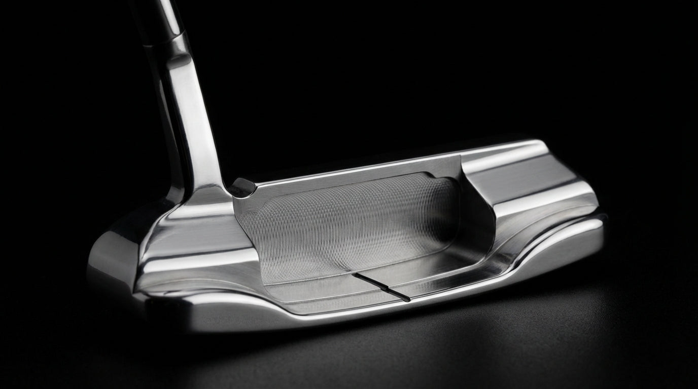 Macro detail of polished stainless steel putter head with precision milling showing studio lighting