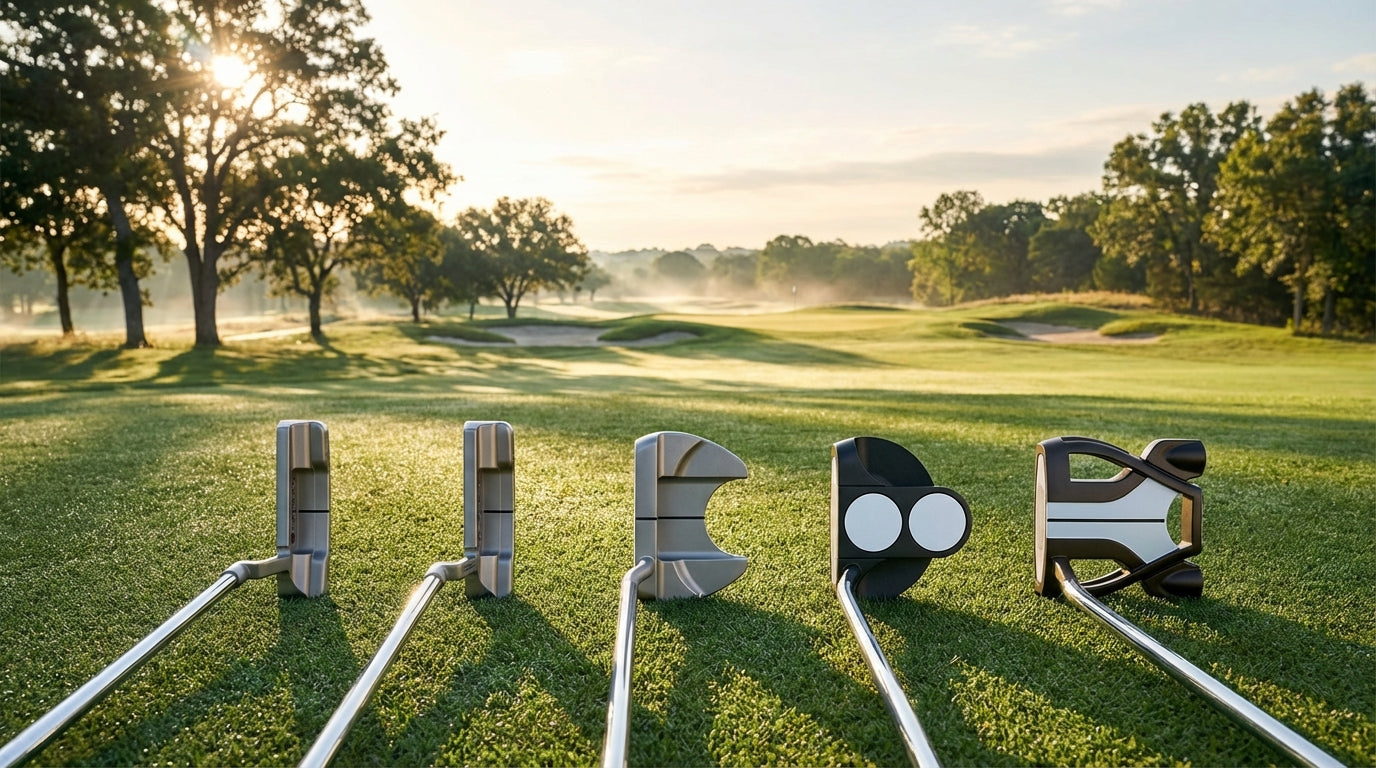 Five different putter styles displayed on a golf course green