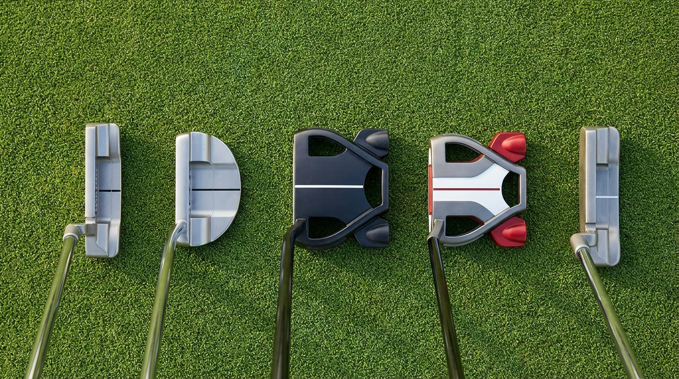 Professional flat lay photography of five different putter styles arranged on a pristine putting green surface