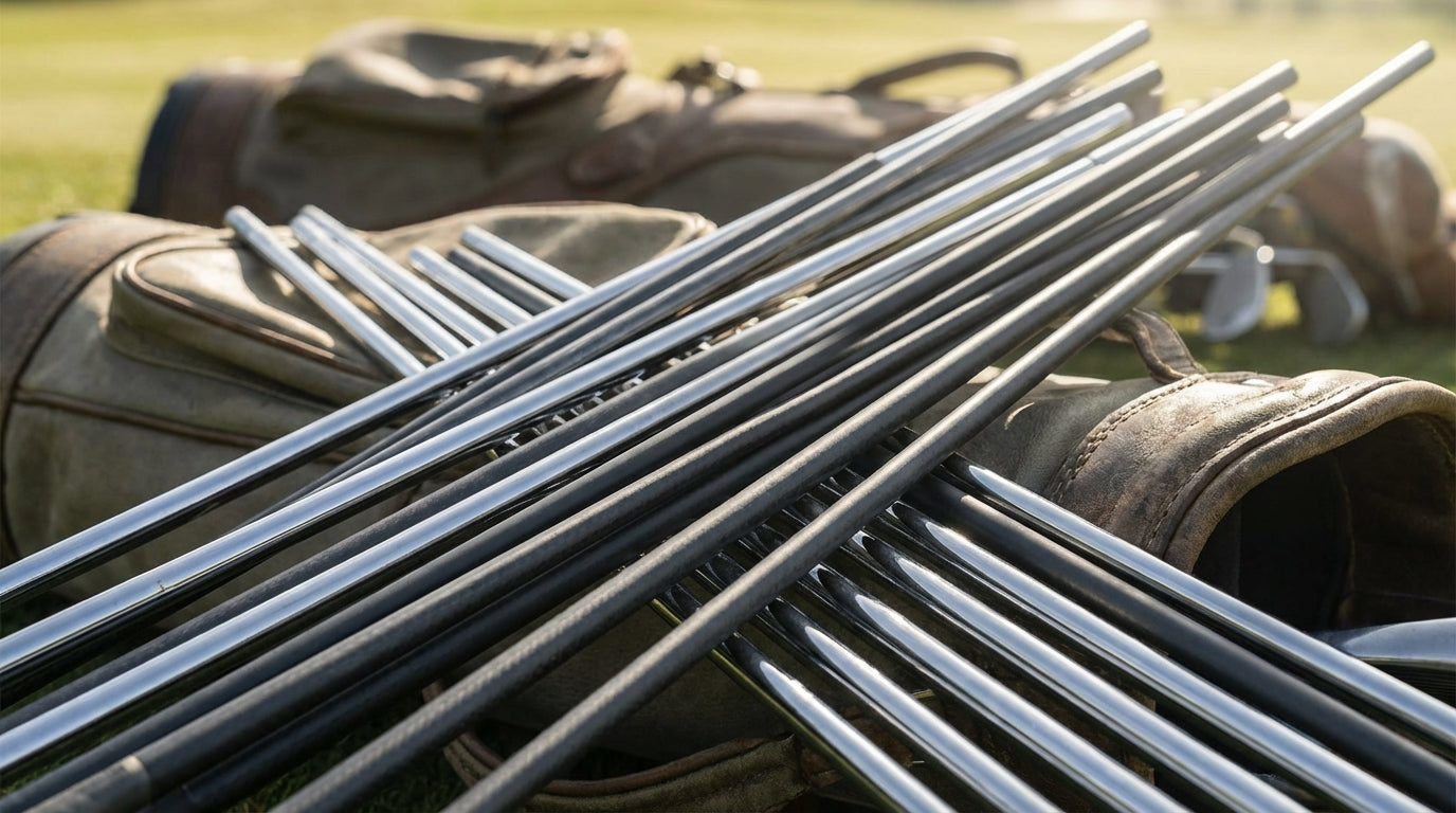Multiple iron shafts fanned out displaying different materials and flexes