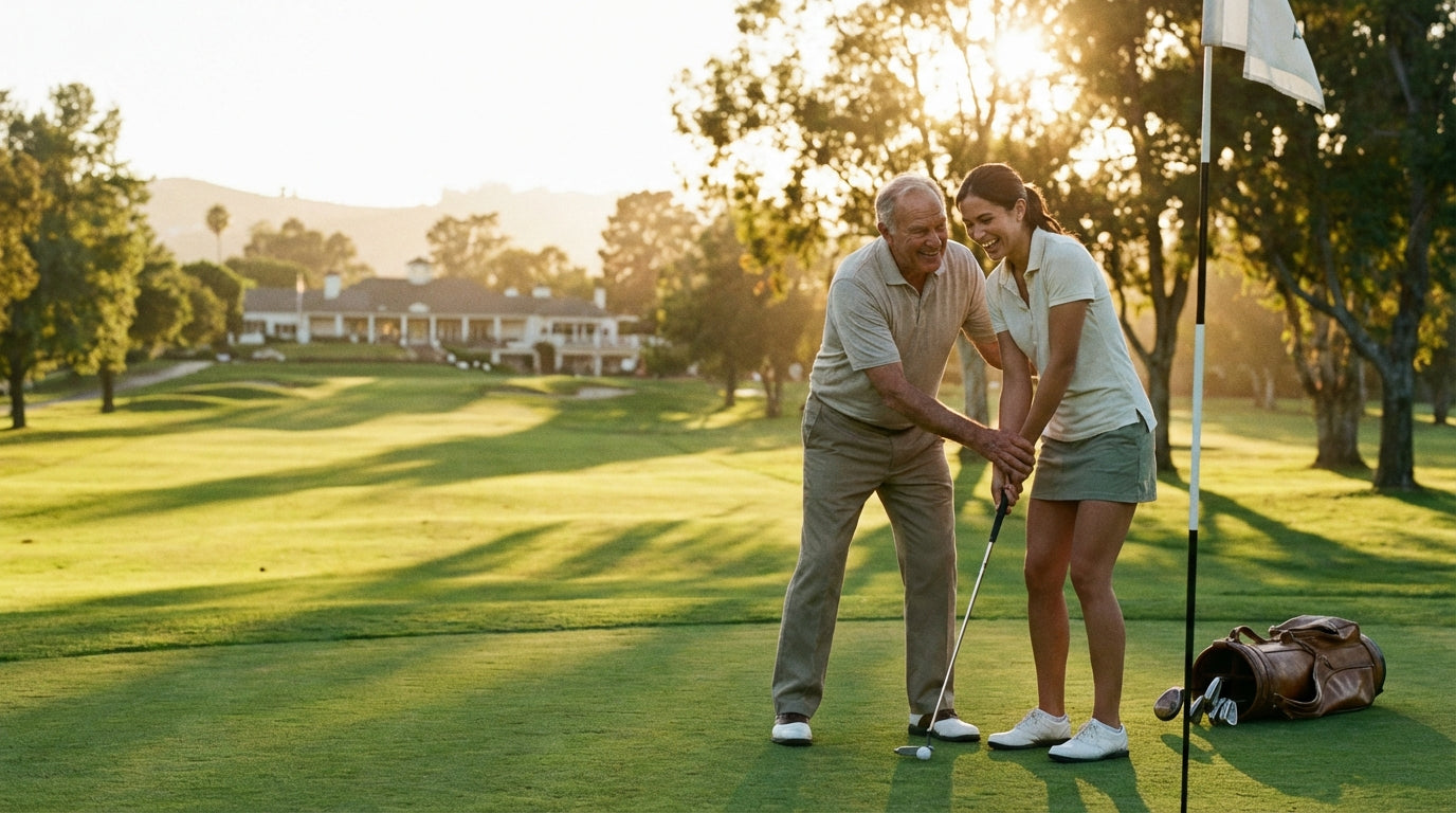 Two golfers sharing a putting lesson on a sunny golf course — Father's Day gift guide