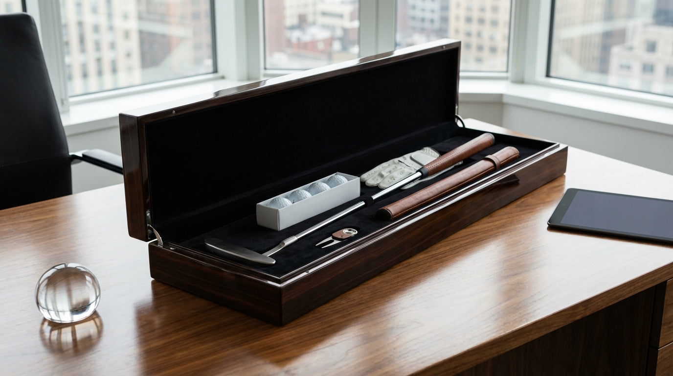 Corporate golf gift set with branded putter in presentation box