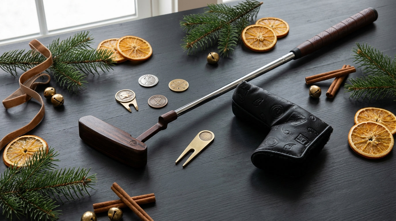 Premium golf gift collection including putter, markers, and accessories on dark background