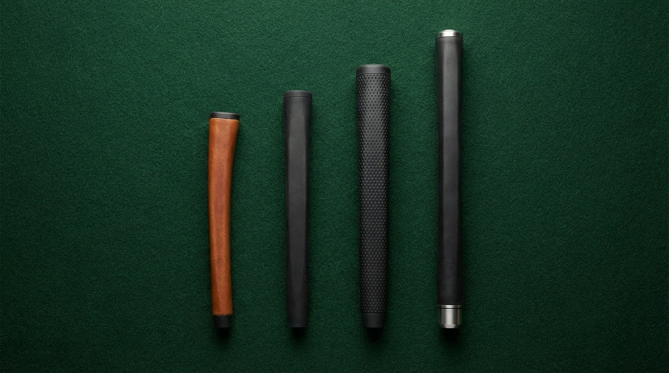 Four different putter grip styles arranged on dark green felt for comparison