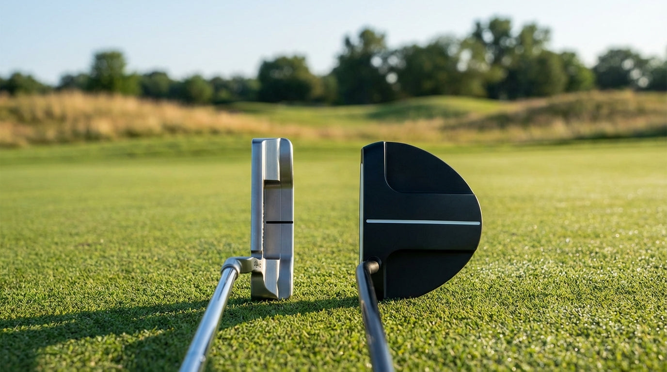 Blade putter vs mallet putter side by side on a golf green