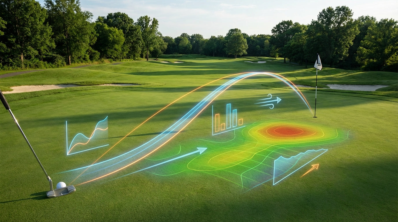 Overhead view of a pristine putting green showing a golf ball's trajectory path from putter toward the hole with scientific data overlay