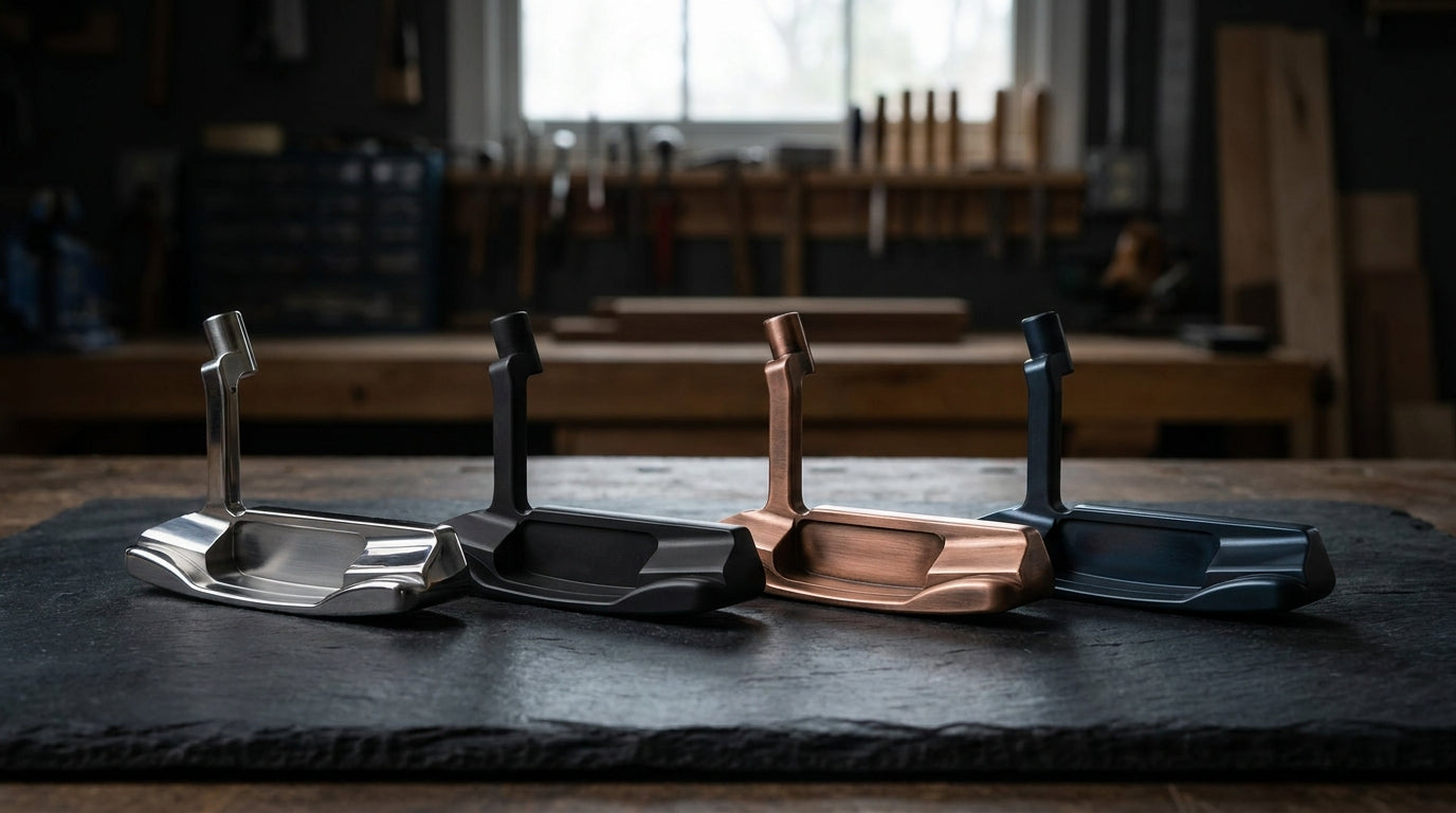 Four putter heads in different metals — stainless steel, carbon steel, copper, and titanium — arranged on a dark surface