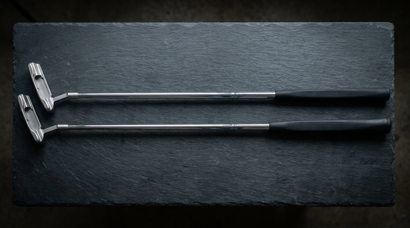 A standard putter and a counter-balanced putter laid side by side at equal full length, showing the longer thicker oversized grip on the counter-balanced model