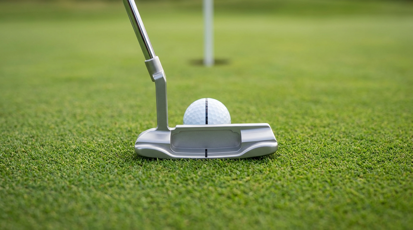 Premium putter aimed behind a golf ball with alignment line pointing down the intended putt line toward the hole