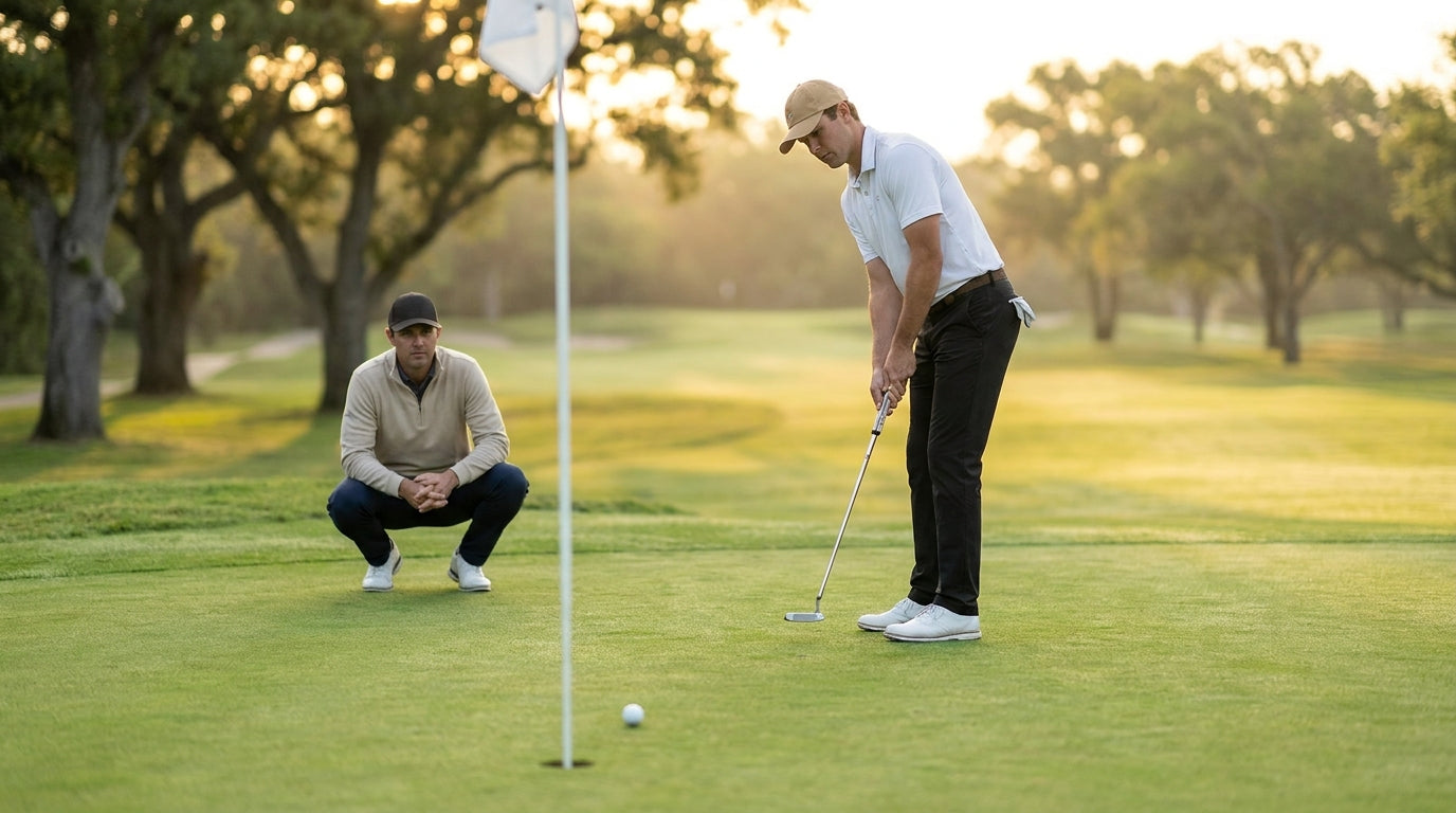 Two golfers practicing proper putting green etiquette — one standing still out of the line of sight while the other putts on a premium golf course green