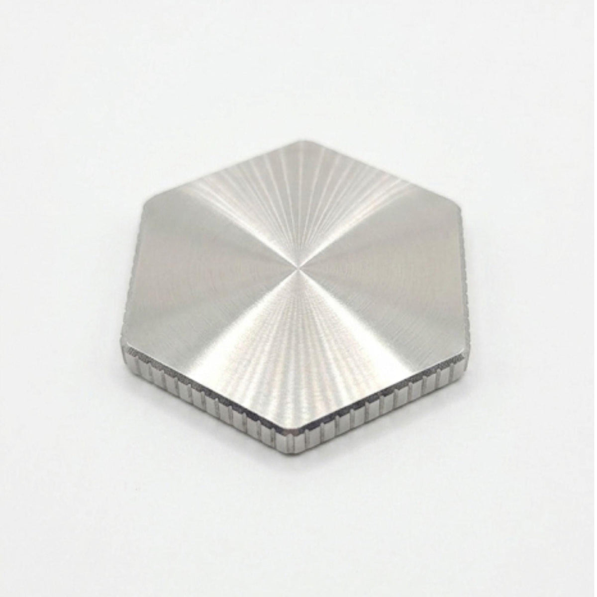 Stainless steel hexagon golf ball marker with spun face and corded edge
