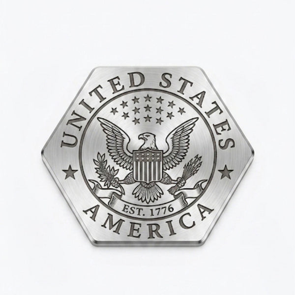 Stainless hexagon golf ball marker engraved with a United States of America eagle seal