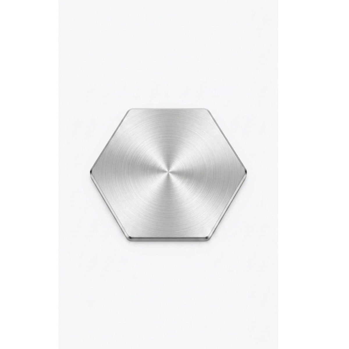 Top view of a blank stainless steel hexagon ball marker with radial spun finish