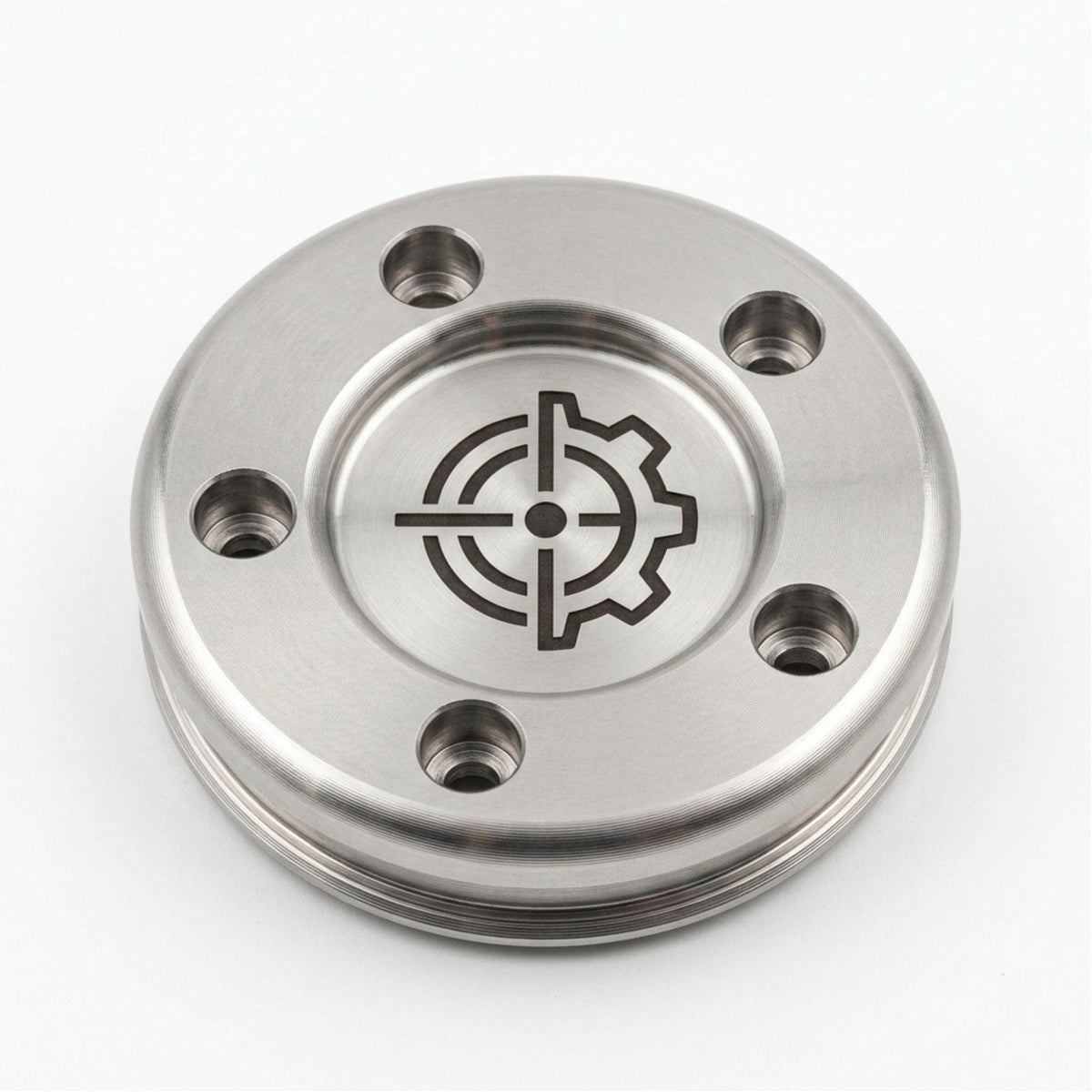 Stainless putter weight laser engraved with a gear and crosshair design