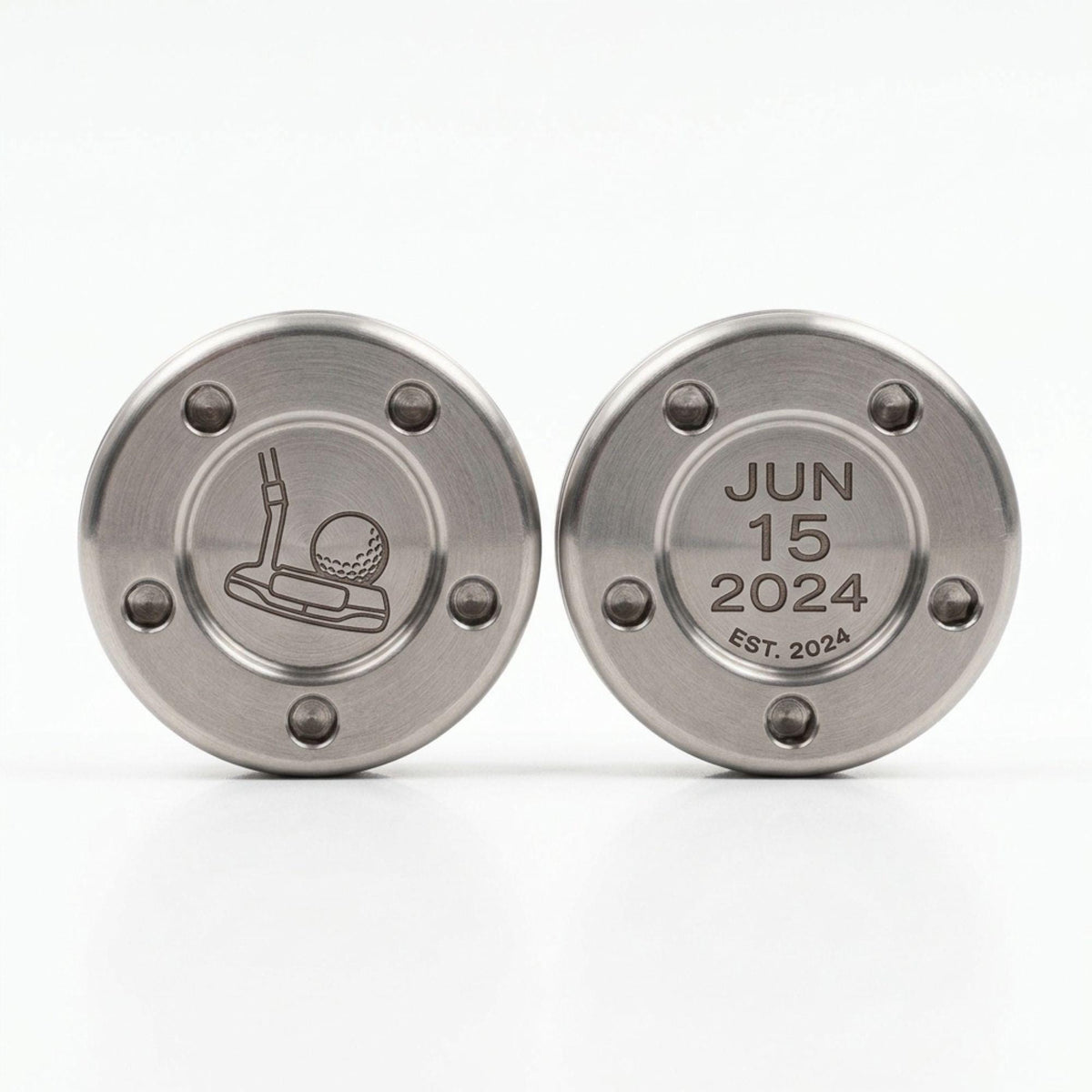 Stainless putter weights engraved with a putter graphic and a custom date