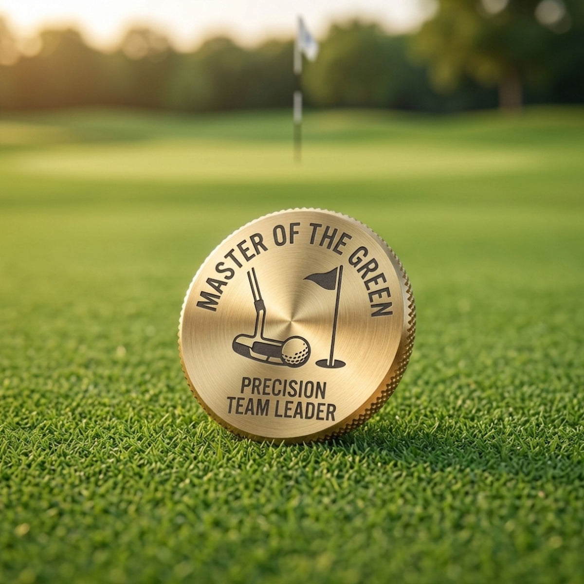 Brass ball marker engraved Master of the Green standing on a putting green near the flag