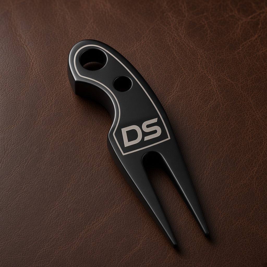 Black Trapper divot tool engraved with a DS monogram and border, on brown leather