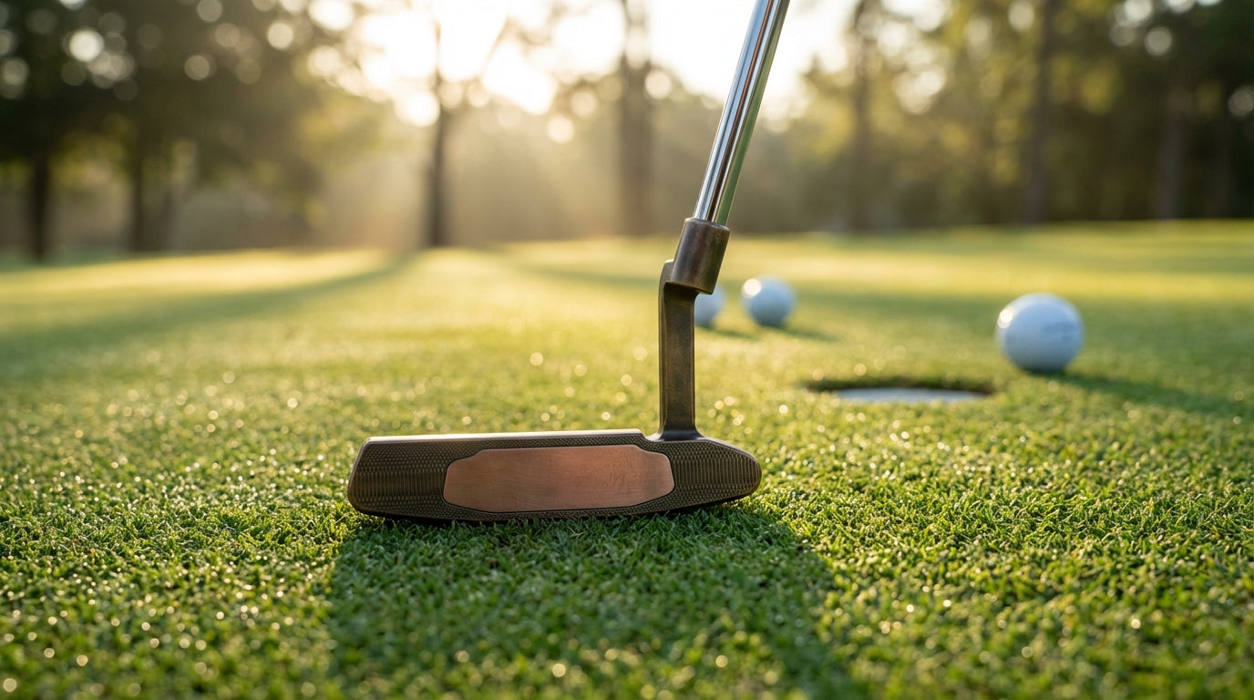 Premium custom putter on putting green with morning sunlight
