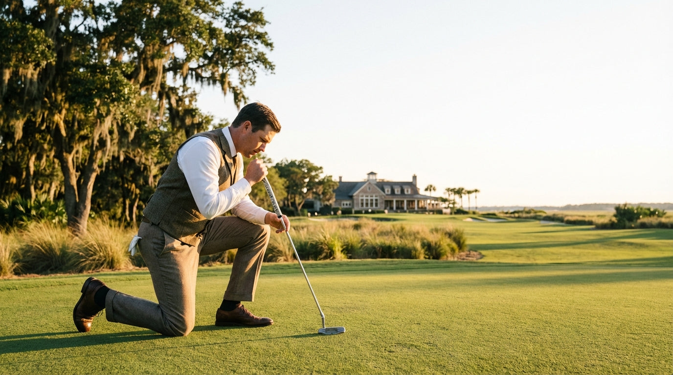 Golfer examining a premium custom milled putter on a putting green