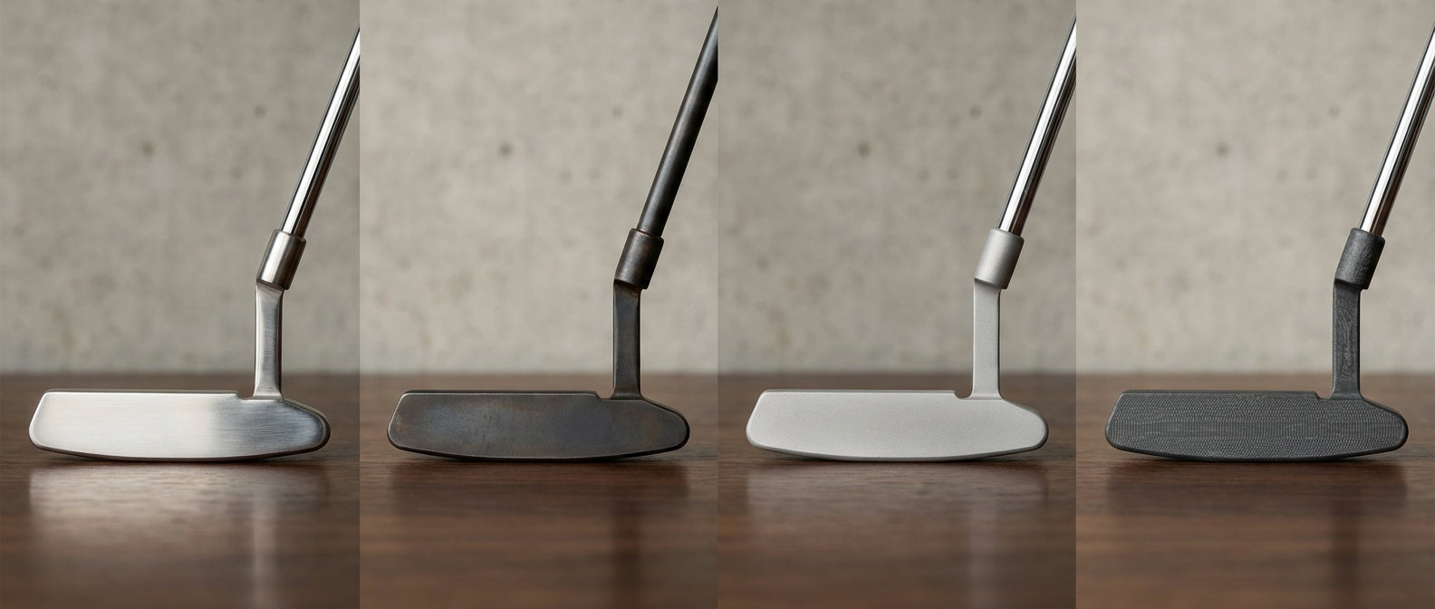 Comparison of four putter head materials side by side with studio lighting showing texture differences