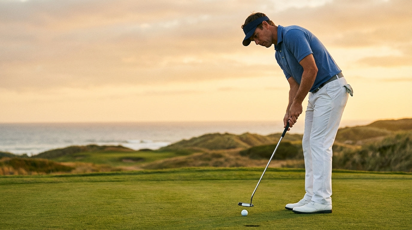 Golfer in focused stance reading a short putt with perfect posture and concentration on a pristine green during golden hour