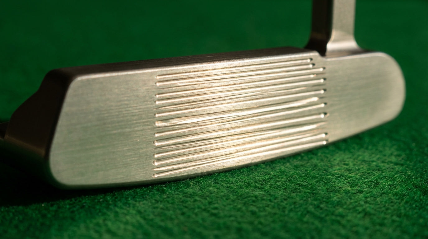 Macro photography of custom putter face with precision milled grooves on green felt background