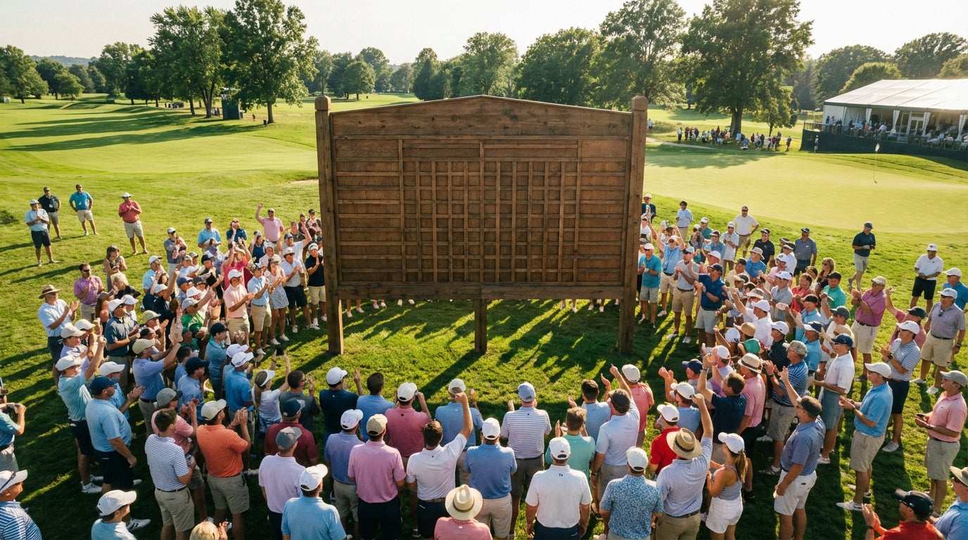 Golf tournament leaderboard with spectators in background on sunny day