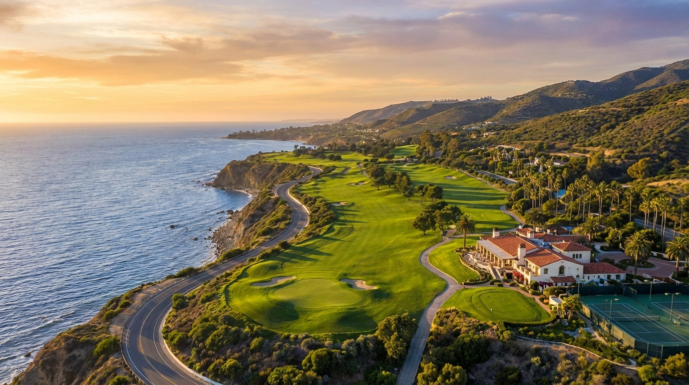 Aerial view of a pristine lush green golf course in Southern California with sparkling ocean views, manicured fairways, and palm trees in golden afternoon light