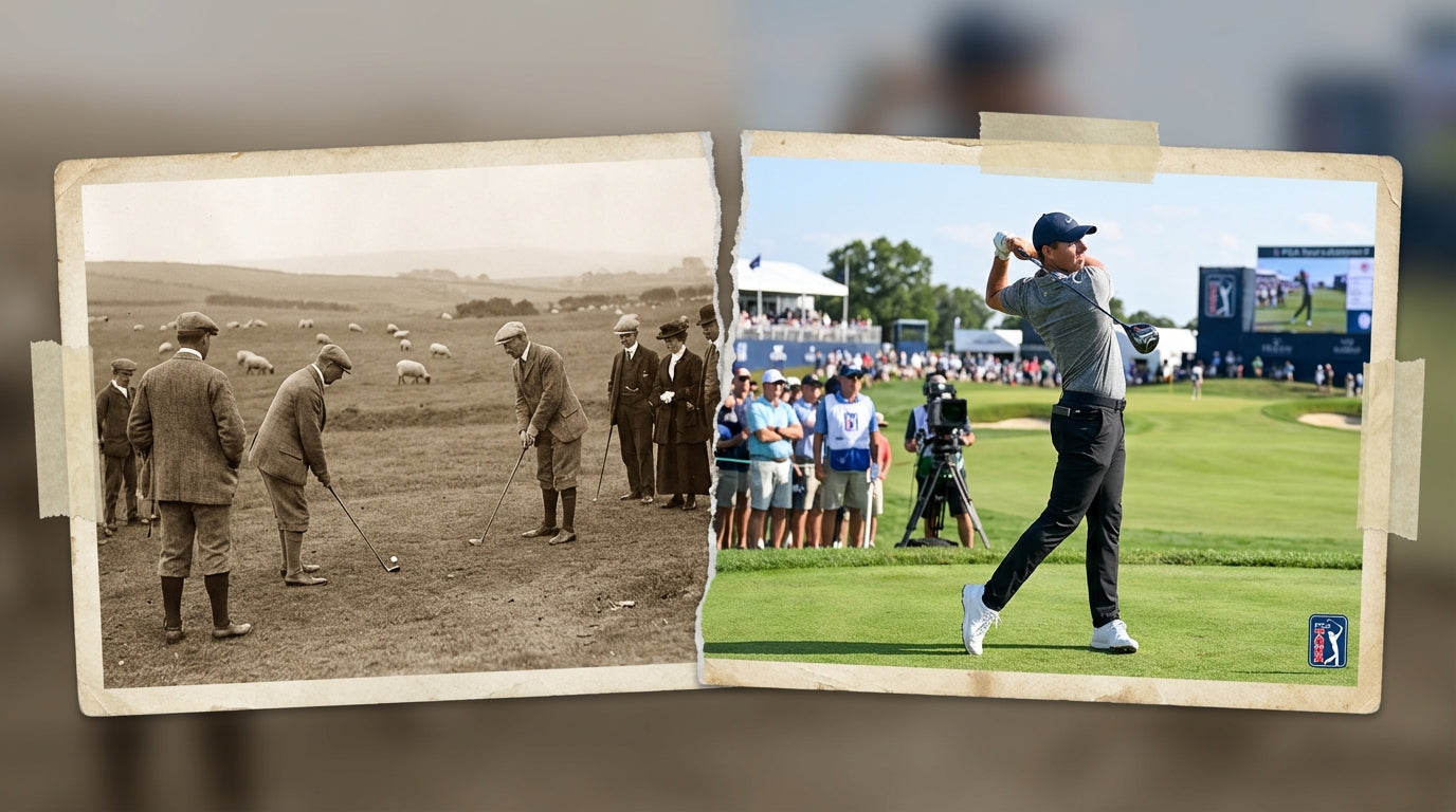 Split-screen collage of vintage 1900s golf players in period clothing and modern PGA Tour professional golfers in action