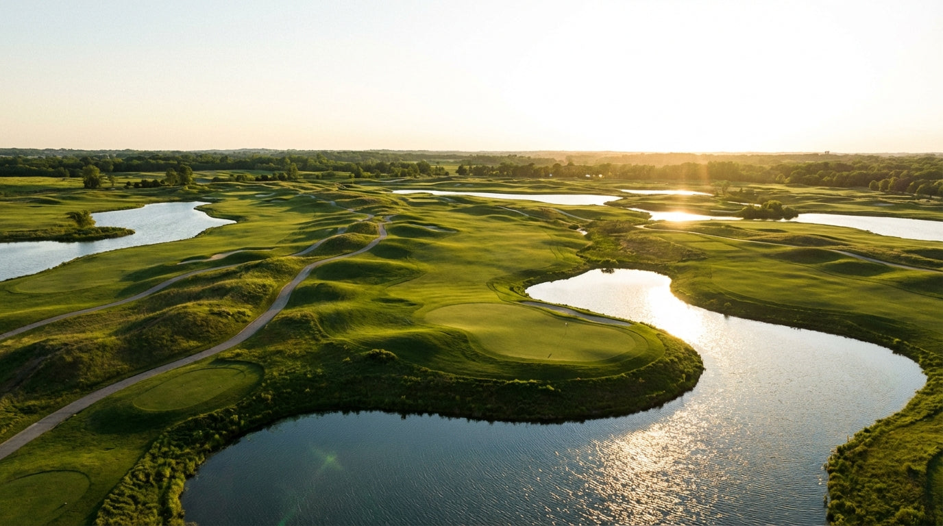 Aerial drone view of a championship golf course with lush green fairways, bunkers, water hazards, and dramatic terrain at golden hour