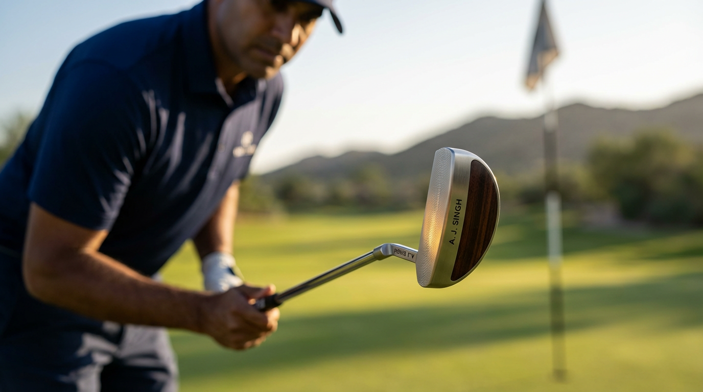 Professional golfer examining a premium personalized putter before taking a putt