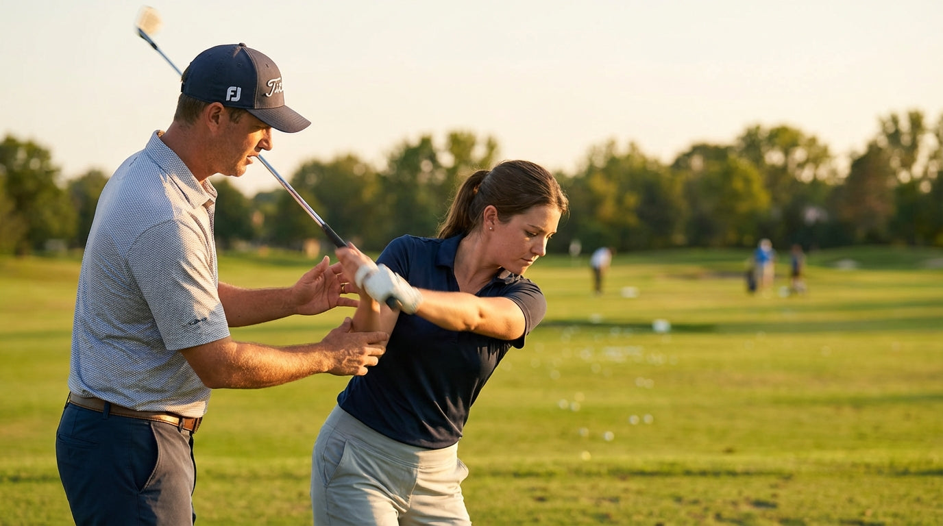 Golf instructor in polo shirt demonstrating proper swing mechanics to student at driving range with motion blur on club, natural daylight