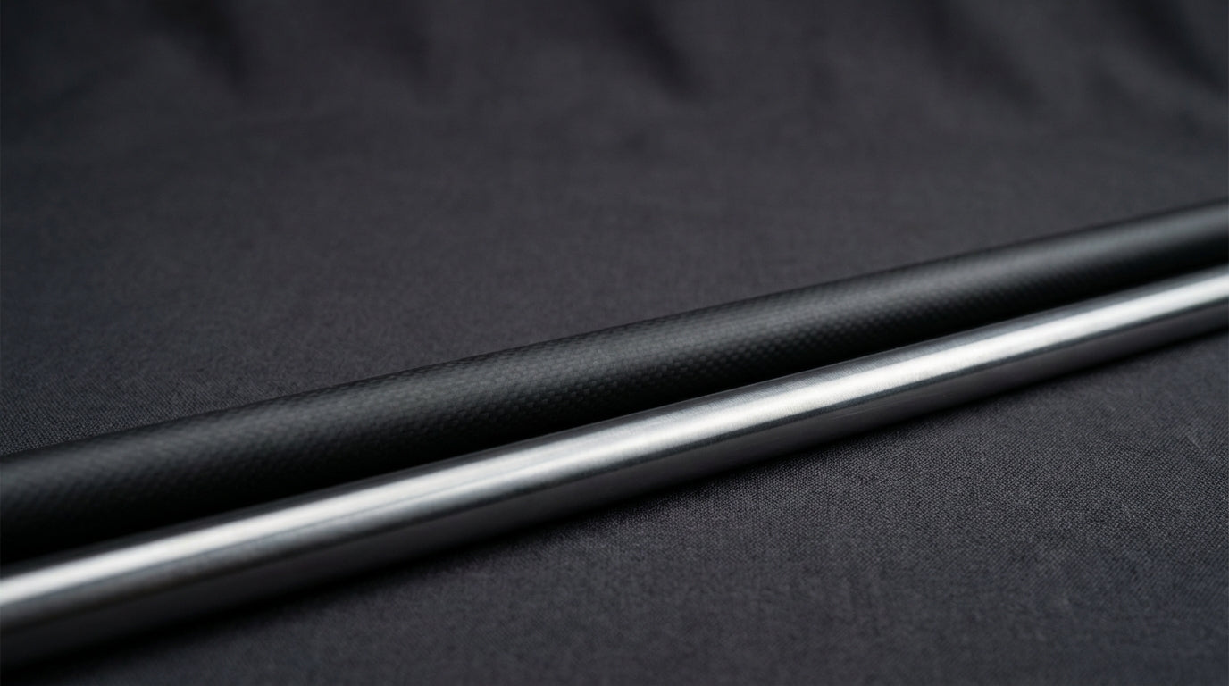 Graphite and steel putter shafts displayed side by side on dark background highlighting the material and structural differences