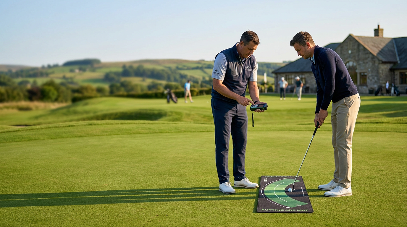 Golf professional fitting a golfer for a custom putter with precise measuring tools