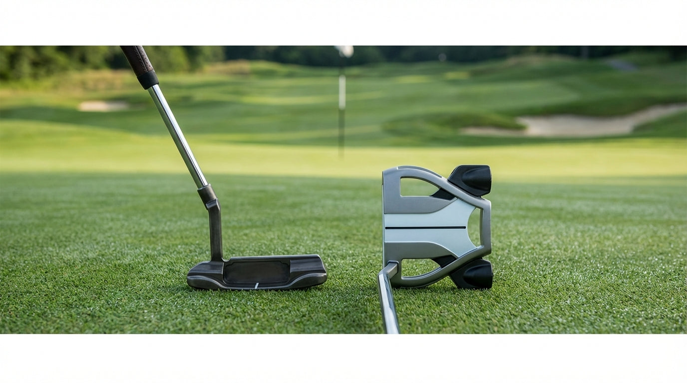 Classic blade putter and modern mallet putter side-by-side on putting green