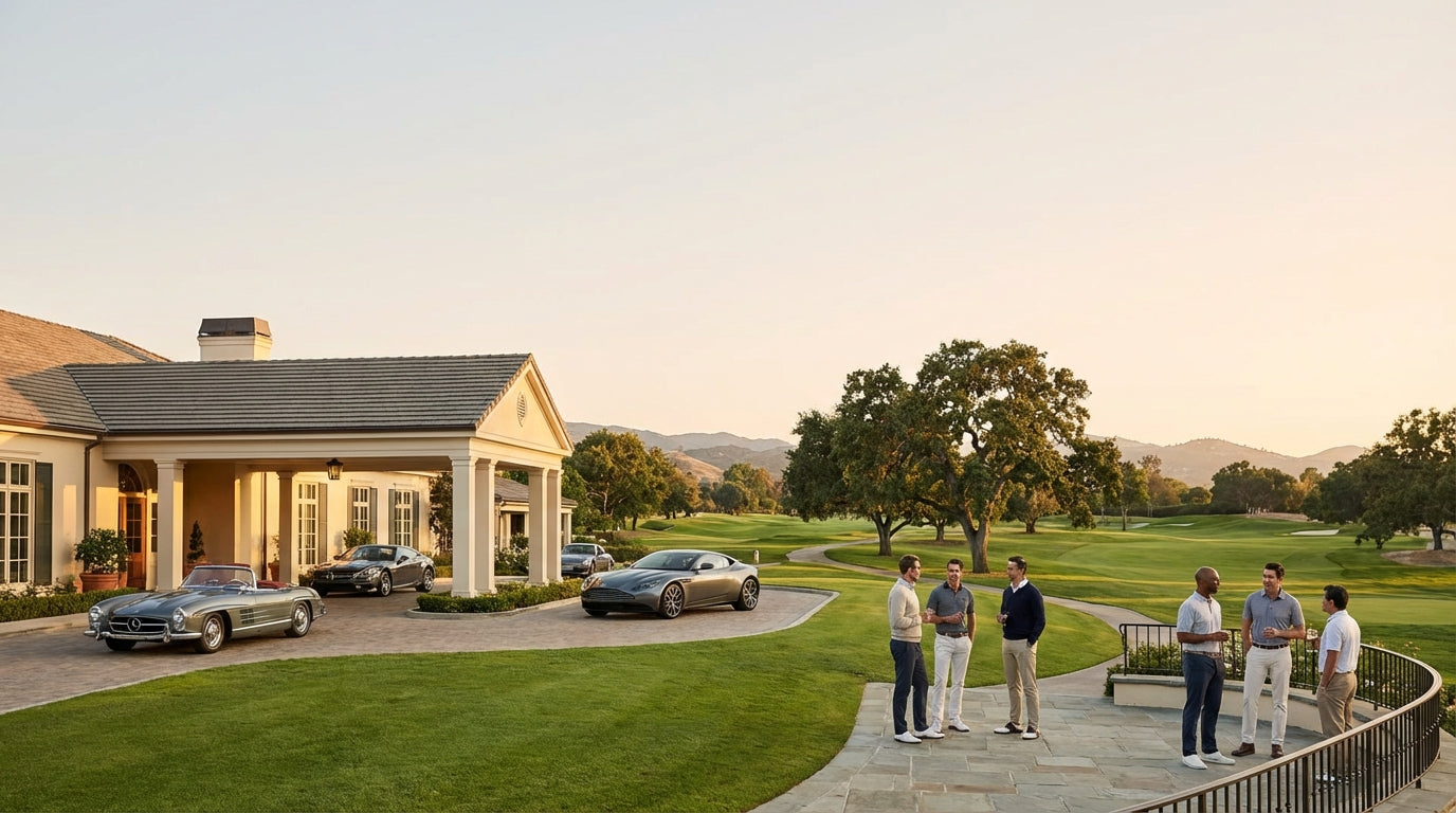 Prestigious upscale golf clubhouse in Orange County with manicured grounds, valet parking with luxury vehicles, and impeccably dressed members enjoying the grounds
