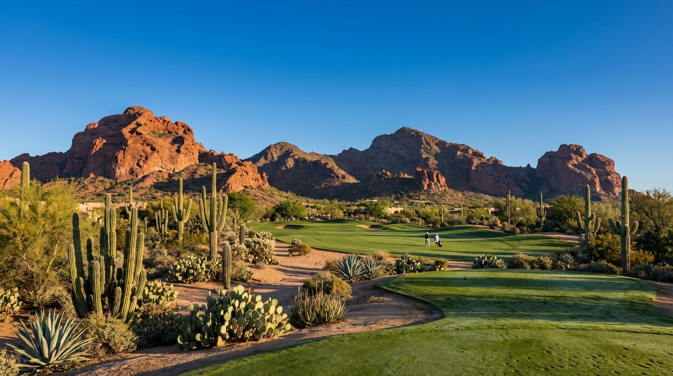 Scenic Scottsdale golf course with dramatic red rock mountains in the background, cactus-lined fairways, manicured greens, and vibrant desert blue sky