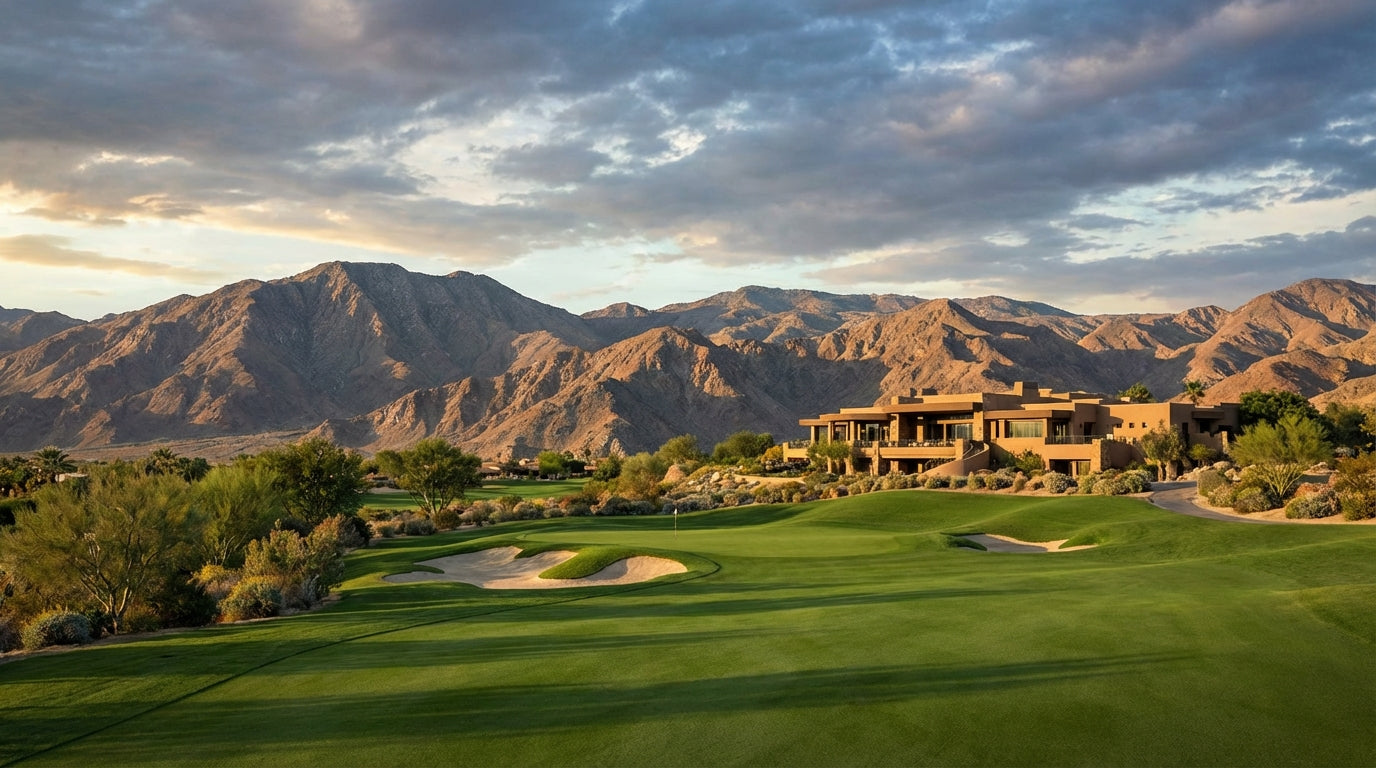 Dramatic wide-angle view of a signature hole at a Palm Desert resort golf course with manicured greens, dramatic mountain backdrop, and luxury clubhouse architecture